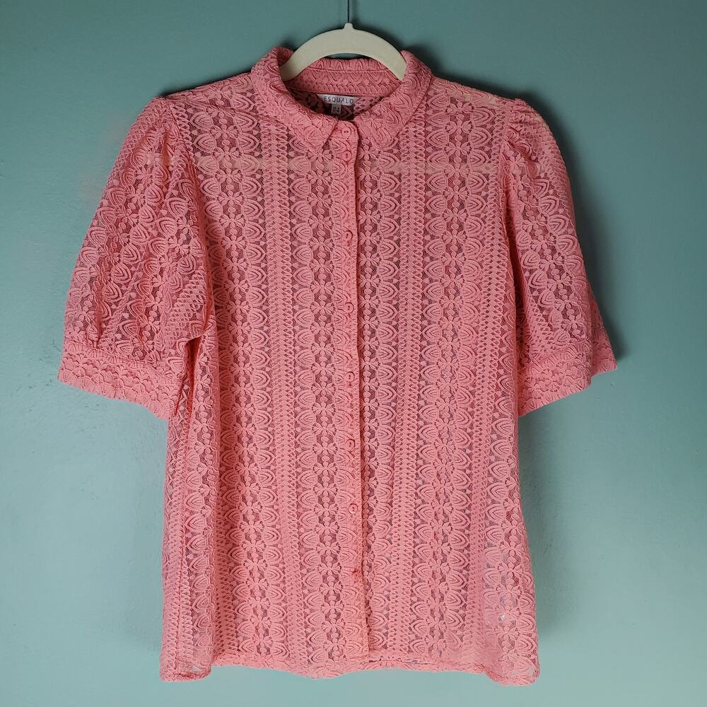 Esqualo Womens Peach Lace Short Puffed Sleeve Button Down Collared Blouse Size 6